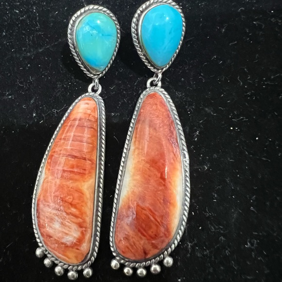 Navajo Earrings Jewelry - Turquoise and Spicy Oyster Navajo Earrings using 925 Sterling  Sleeping Beauty.